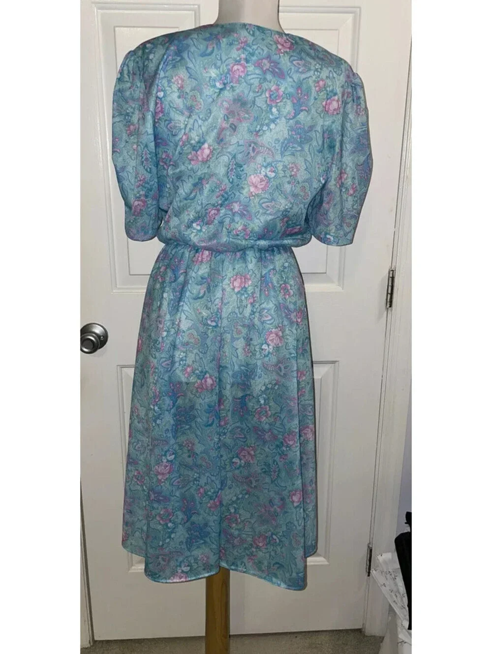 Vintage California Looks Floral Dress Teal Blue Pink Size 8 Petite USA Made